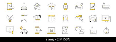 Jeu d'icônes de la maison intelligente. Smartphone avec application, connexion wi-fi, maison à portée de main, montre intelligente et imprimante. Après-shampooing, ampoule, théière, fenêtre et casque, voiture, alarme signes de ligne vectorielle isolée Illustration de Vecteur