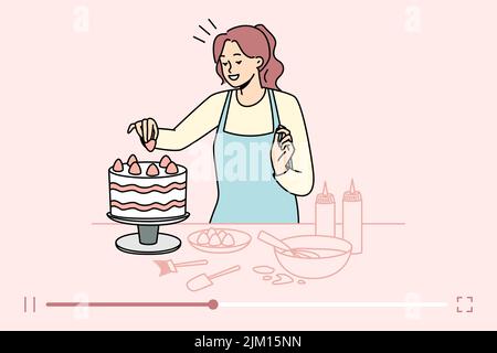 Recette de gâteau de tir de blogueur de nourriture femelle sur le canal en ligne. Femme vlogger faire un flux de dessert en direct de la pâtisserie. Boulangerie maison. Illustration vectorielle. Illustration de Vecteur