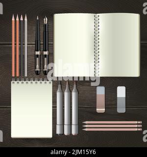 Kit de maquette d'outils de papeterie d'affaires avec carnets papier réalistes et crayons isolés sur une illustration vectorielle de fond en bois Illustration de Vecteur