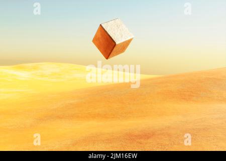 Paysage désertique surréaliste avec cube blanc lumineux flottant sur le désert. Arrière-plan moderne minimaliste et abstrait. 3d illustration Banque D'Images