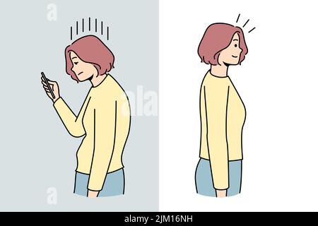 Femme avec une mauvaise posture de smartphone par rapport à une bonne posture. Problèmes de dos. Santé et médecine. Illustration vectorielle. Illustration de Vecteur