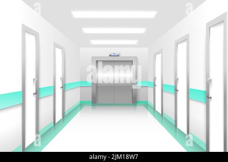 Intérieur de hall d'ascenseur chromé réaliste 3D vecteur. Porte métallique fermée avec porte de bureau dans le couloir. Scène de couloir de bâtiment vide Illustration de Vecteur