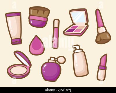 Kit de maquillage, illustration du kit de maquillage individuel et dessin animé esthétique mignon pour l'autocollant, la bannière et l'élément décoratif de conception. Illustration de Vecteur