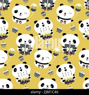 Kawaii panda anniversaire vecteur sans couture motif arrière-plan. Toile de fond mignonne avec des ours de dessin animé riant tenant des gâteaux, des ballons, des cupcakes. Sexe neutre Illustration de Vecteur