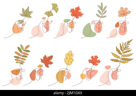 paume de main tenant feuille d'automne:feuille d'érable, feuille de frêne, feuille de chêne, etc. illustration vectorielle de style dessin de ligne continue Illustration de Vecteur