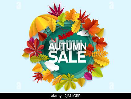 Modèle de bannière d'affiche d'étiquette de réduction pour les soldes d'automne. Papier vectoriel coupé autour saison cadre d'automne avec feuilles, baie de rowan, parapluie, lettrage. Illustration de Vecteur