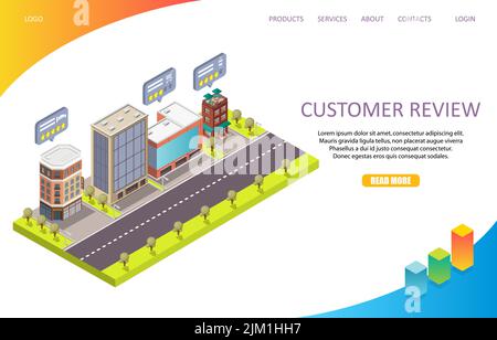 Modèle de site Web de la page d'accueil de l'avis du client. Illustration isométrique vectorielle. Concept de rétroaction des clients. Illustration de Vecteur
