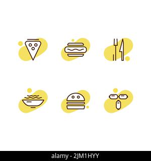 Ensemble d'icônes vectorielles sur le thème de la viande. Contour marron et arrière-plan jaune sur chaque icône. Illustration de Vecteur