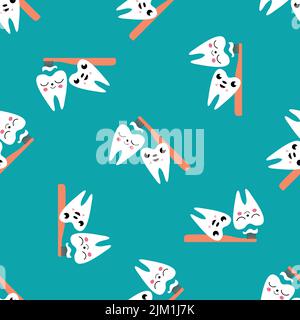 Kawaii tooth enfants soins dentaires vecteur éducatif sans couture modèle fond. Personnages de dessin animé mignons avec brosse à dents, pâte dentaire, dents de brossage Illustration de Vecteur