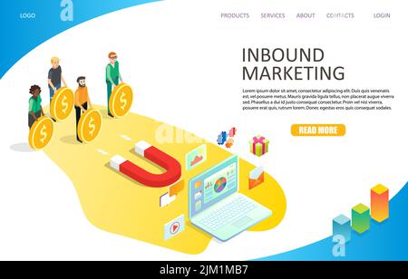 Modèle de site Web de page d'arrivée de marketing entrant. Illustration vectorielle isométrique de l'ordinateur portable, aimant rouge attirant les visiteurs et les clients potentiels. Illustration de Vecteur