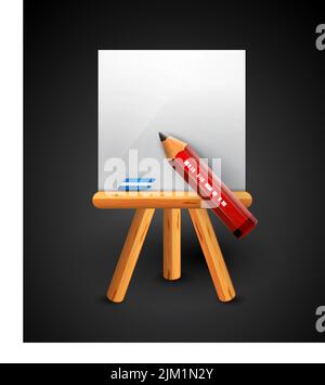 Icône de vecteur conceptuel de dessin au crayon. Crayon, feuille de papier vide, chevalet en bois, gomme Illustration de Vecteur