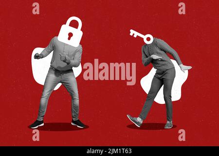 Creative Retro 3D magazine image de drôle funky gars clé verrou au lieu de têtes isolé peinture arrière-plan Banque D'Images