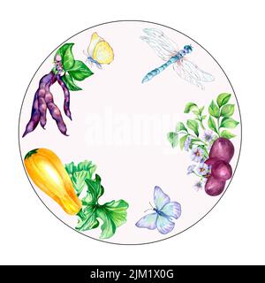 Variété de plantes végétales aquarelle illustration isolée. Pommes de terre, haricots noirs, courge, papillons, libellule peint à la main. Légumes colorés Banque D'Images