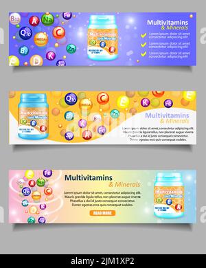 Ensemble vectoriel de bannières de complexes minéraux et vitamines essentiels. Bannières Web multivitamines et minéraux. Supplément alimentaire et mode de vie sain. Illustration de Vecteur