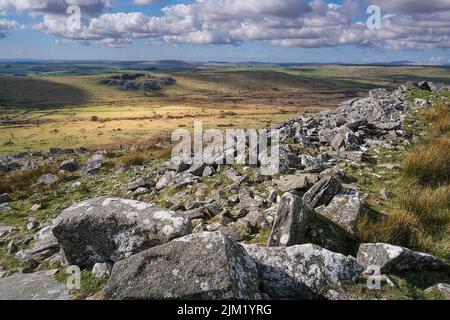 Une vue spectaculaire depuis le sommet de Stowes Hill sur la tourbière sauvage de Bodmin dans les Cornouailles. Banque D'Images