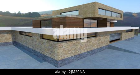 Le concept d'une maison futuriste sur trois niveaux. Beaucoup d'espace, finitions en pierre naturelle. Champs vallonnés en arrière-plan. 3d rendu. Banque D'Images