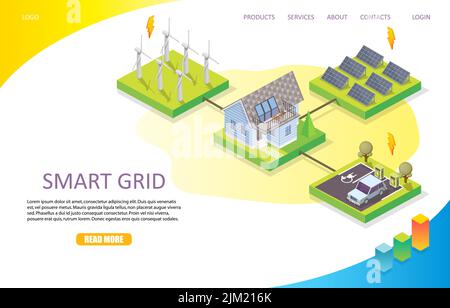 Modèle de site Web de la page de renvoi du réseau Smart Grid. Illustration isométrique vectorielle. Énergie éolienne et solaire énergie renouvelable, concept de technologie de réseau intelligent. Illustration de Vecteur