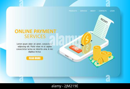 Modèle de page de renvoi des services de paiement en ligne. Illustration isométrique vectorielle d'un smartphone avec pièces en dollars et reçu papier. Internet payant Illustration de Vecteur