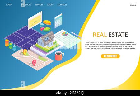 Modèle de site Web de page d'accueil d'affaires immobilières. Illustration isométrique vectorielle. Concept de chasse à la maison et d'applications immobilières. Illustration de Vecteur