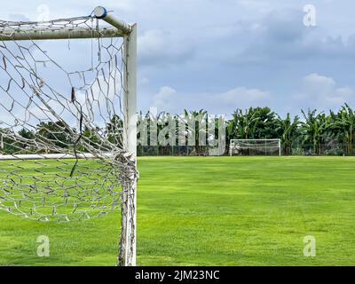 Vue à travers le filet de portes de football à un grand terrain de football avec une pelouse verte, une porte en face et des arbres. Sports, sports d'équipe Banque D'Images