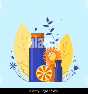 Ensemble d'ingrédients naturels pour laver la vaisselle ou nettoyer autour de la maison. Bouteille d'eau, bicarbonate de soude, citron et brosse. Illustration de Vecteur