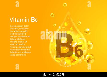 Vitamine B6. Baner avec des images vectorielles de gouttes d'or avec des bulles d'oxygène. Concept de santé. Illustration de Vecteur