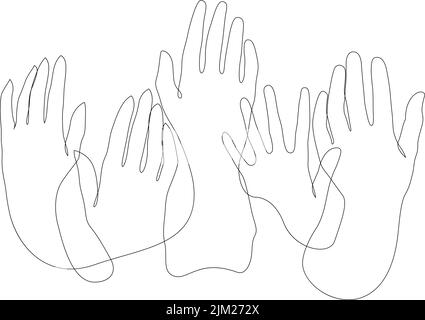 Un seul dessin de ligne de groupe de personnes levant les mains dans l'air. Concept de travail d'équipe d'affaires. Motif moderne de dessin au trait continu Illustration de Vecteur