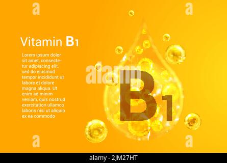 Vitamine B1. Baner avec des images vectorielles de gouttes d'or avec des bulles d'oxygène. Concept de santé. Illustration de Vecteur