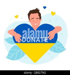 Homme embrassant le grand coeur jaune et bleu dans les couleurs du drapeau ukrainien et le mot de Donate. Aide, aide humanitaire et soutien de volontaires illustration vectorielle plate. Amour Ukraine, aide concept Illustration de Vecteur