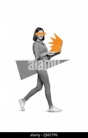 Collage vertical illustration de la positive fille noir blanc gamma marche tenir utiliser netbook yeux peints écran isolés sur fond créatif Banque D'Images