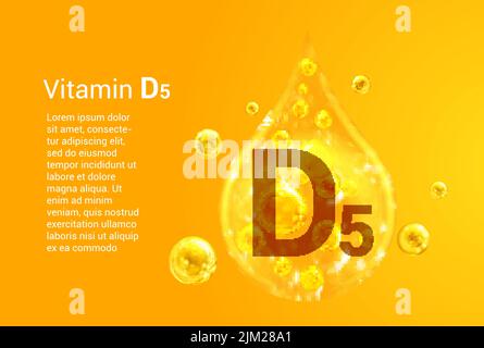 Vitamine D5. Baner avec des images vectorielles de gouttes d'or avec des bulles d'oxygène. Concept de santé. Illustration de Vecteur