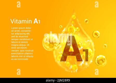 Vitamine A1. Baner avec des images vectorielles de gouttes d'or avec des bulles d'oxygène. Concept de santé. Illustration de Vecteur