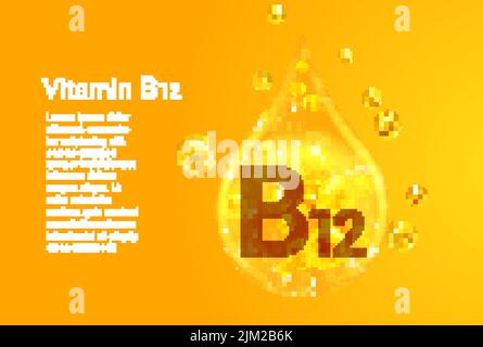 Vitamine B12. Baner avec des images vectorielles de gouttes d'or avec des bulles d'oxygène. Concept de santé. Illustration de Vecteur