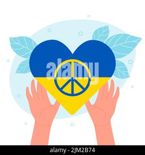 Mains tenant coeur dans les couleurs nationales jaune bleu du drapeau ukrainien et symbole de paix hippy à l'intérieur. Personne de dessin animé priant pour l'Ukraine illustration de vecteur plat. Arrêter la guerre, concept d'invasion russe Illustration de Vecteur