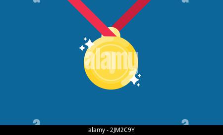 Un dessin d'une médaille d'or de première classe accrochée sur un ruban rouge sur fond bleu Illustration de Vecteur