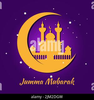 Bâtiment arabe dans un croissant de lune contre un ciel avec des étoiles et l'inscription Eid Al Fitr Illustration de Vecteur