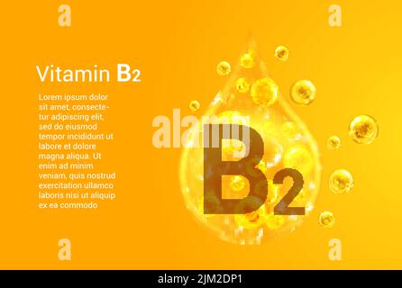 Vitamine B2. Baner avec des images vectorielles de gouttes d'or avec des bulles d'oxygène. Concept de santé. Illustration de Vecteur