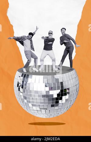 Collage image poster de trois joyeuse funky fou dude gars célébrer événement déplacer dj hip hop isolé sur la peinture couleur de fond Banque D'Images