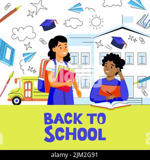 Design de la bannière ou de l'affiche de retour à l'école. Dessin animé vectoriel plat pour enfants. Bonne fille avec des livres et un garçon avec un stylo et un carnet sur le bâtiment de l'école Illustration de Vecteur