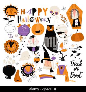 Ensemble de différents éléments et personnages d'Halloween Illustration de Vecteur