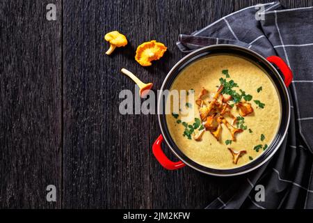 Kanttarellikeitto, soupe finlandaise Chanterelle en pot rouge sur table en bois sombre avec champignons frais Chanterelle sur fond, vue horizontale depuis le dessus Banque D'Images