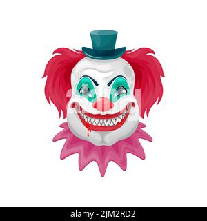 Horreur clown isolé dessin animé effrayant visage monstre de cirque. Vecteur Halloween caractère de vacances, clown mal ou joker avec dents sanglantes et le sourire fou, re Illustration de Vecteur