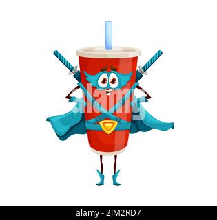 Personnage de super-héros de la boisson gazeuse de dessin animé. Restauration rapide boisson rafraîchissante sucrée personnage drôle dans le masque, le manteau et la ceinture, armé de mots katana. Bon soda Illustration de Vecteur