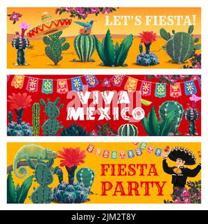 Fêtes mexicaines bannières Fiesta, cactus de dessins animés, papel drapeaux de picado et musicien, vecteur de fête flyer. Viva Mexique bannières avec mariachi homme dans sombrero Illustration de Vecteur