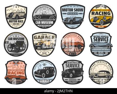 Service de réparation de voitures rétro, icônes de course automobile vintage. Musée des véhicules historiques, badges classiques du club de restauration automobile. Limousine rétro, berline ancienne et vieux vecteurs de coupé de luxe Illustration de Vecteur