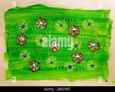 Motif fleuri fait main. Nature fleurie peintures abstraites de la nature. Peinture d'art colorée avec peintures acryliques. Dessiner comme un passe-temps. Peinture faite à la main. Banque D'Images