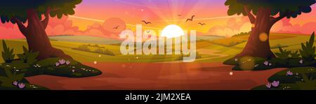 Paysage de la nature de dessin animé, forêt d'été soir fond panoramique avec arbres verts, fleurs roses et champ rural sous le ciel de crépuscule avec soleil brillant, paysage boisé, illustration vectorielle Illustration de Vecteur