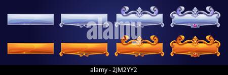 Boutons argent et or de jeu avec cadres fantaisie dans le style médiéval. Ensemble de dessins animés vectoriels de bannières vides, barres de classement de jeu avec des bordures décoratives isolées sur l'arrière-plan Illustration de Vecteur