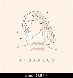 Signe du zodiaque Aquarius. Mise en plan d'une ligne. Icône astrologique avec visage de femme abstrait. Logo mystère et ésotérique. Symbole Horoscope. Vecteur linéaire Illustration de Vecteur