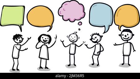 Différentes personnes comme des figures de bâton en train de parler les unes aux autres avec de grandes bulles de texte vides - illustration vectorielle dessinée à la main isolée sur fond blanc. Illustration de Vecteur